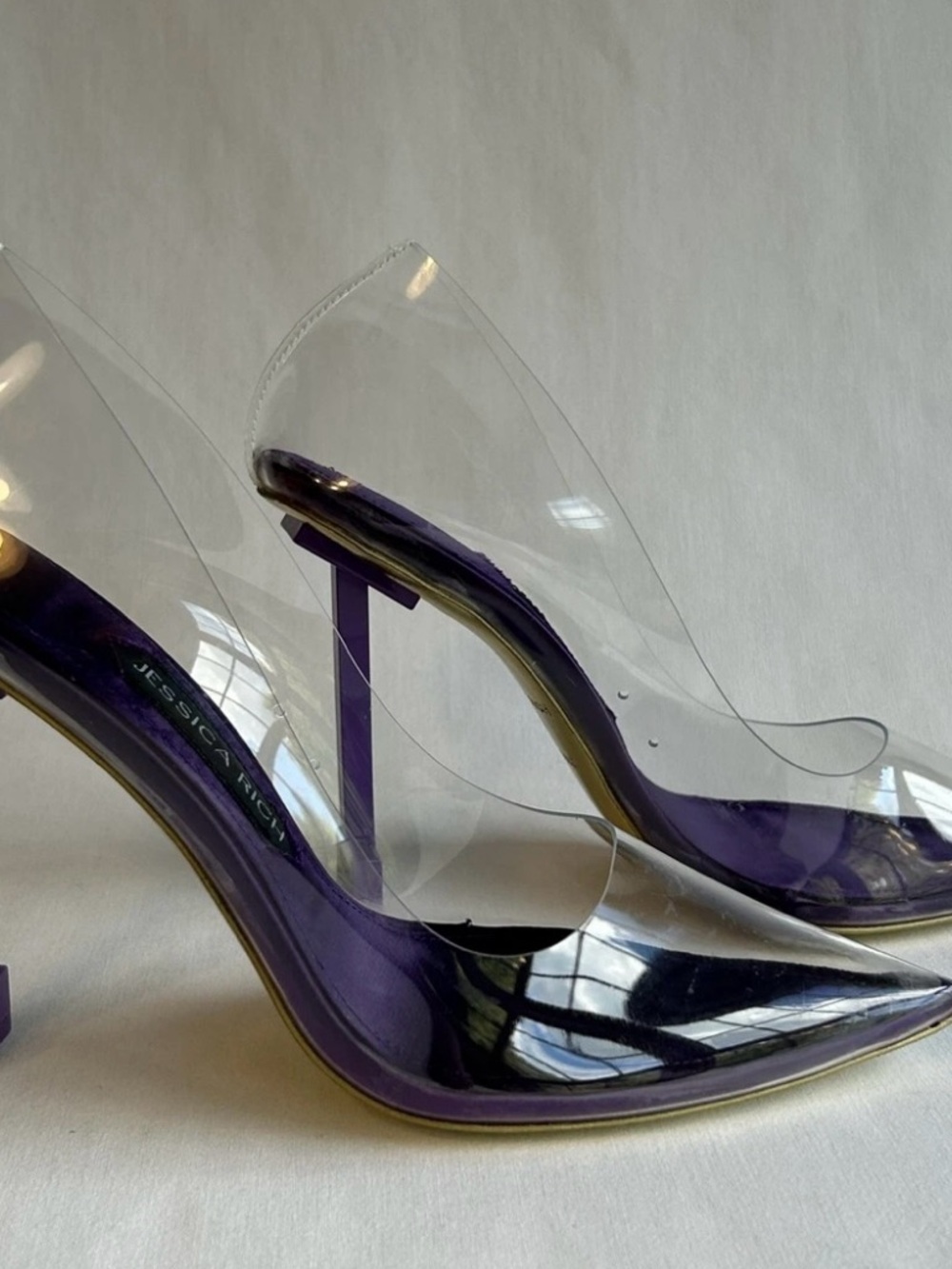 Jessica Clear Pointed Pumps with Purple Insole and heels